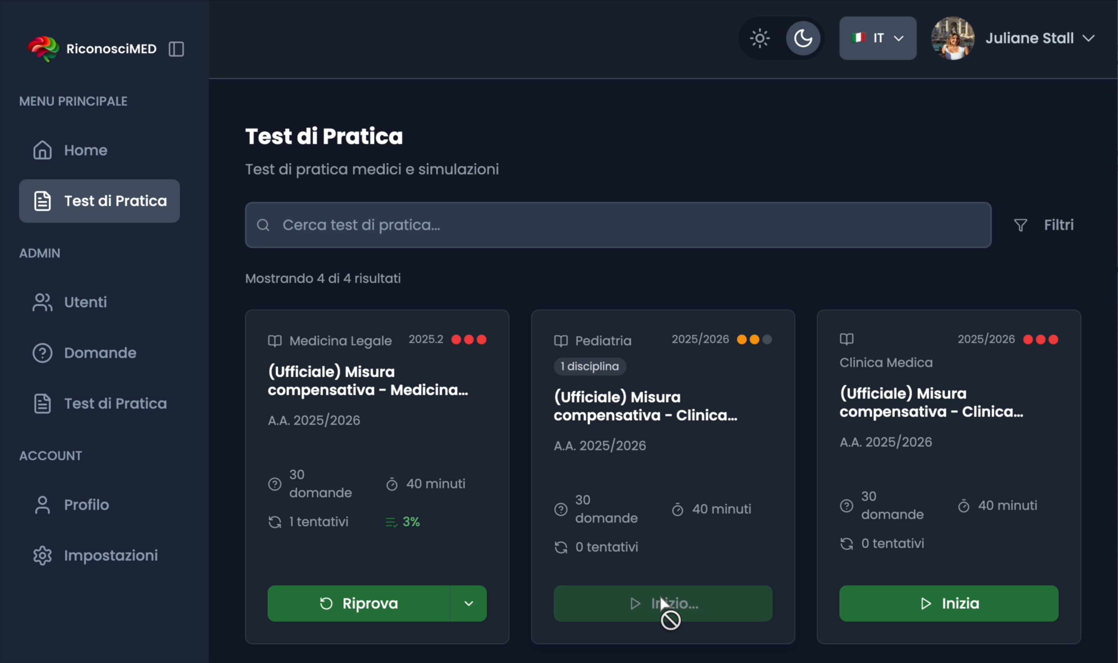 Pagina Test di Pratica con barra di ricerca