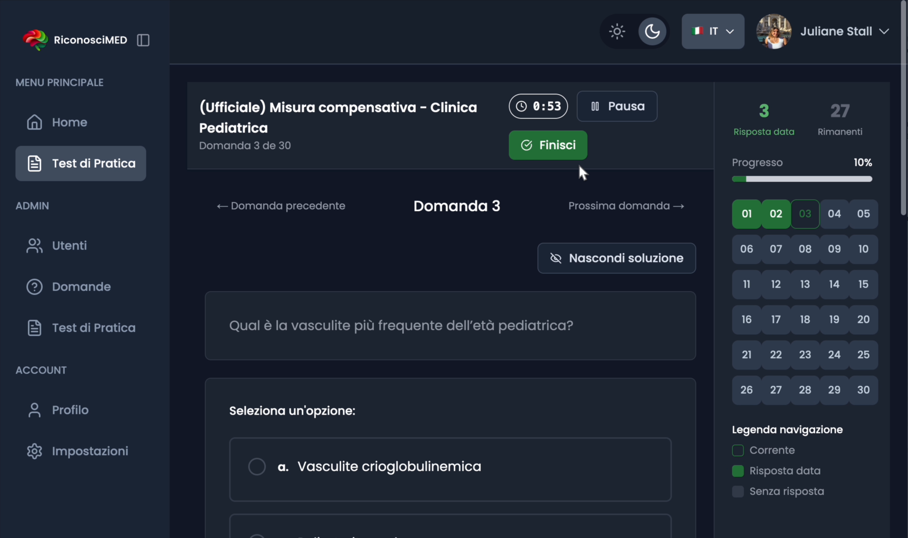Pannello statistiche con calendario e progresso